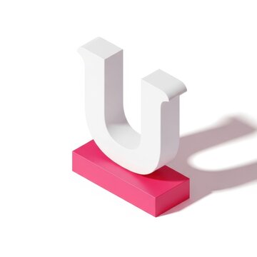A stylized 3d letter u on a pink rectangular base with a shadow.