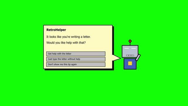 Retro virtual assistant robot character with speech bubble offering help writing a letter on green screen background, representing helper assistant and early software help.