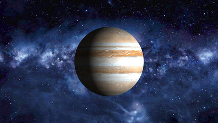 Jupiter planet with swirling blue nebula and stars in deep space galaxy © Surjomukhi
