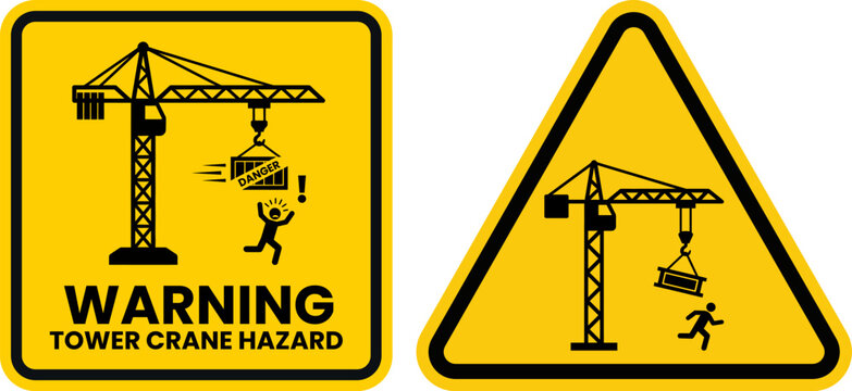 Warning Tower Crane Hazard Overhead Suspended Load Sign Vector Set