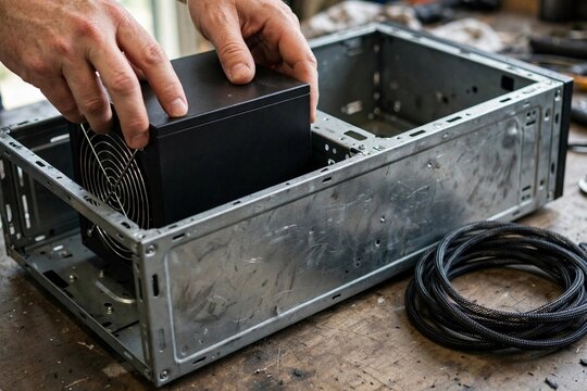 Hands mounting a power supply unit into an open computer case