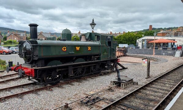 West Somerset Railway Station. Great Western Railway (GWR) 6400 Class 0-6-0 Pannier Tank steam locomotive. Minehead, Somerset, England, UK. May 2026. 