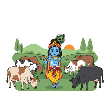 Govardhan Puja Young Krishna with cows in a serene pastoral landscape illustration