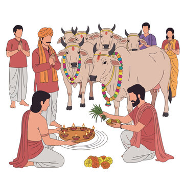 Traditional Hindu Devotees Performing Rituals During The Govardhan Puja Festival
