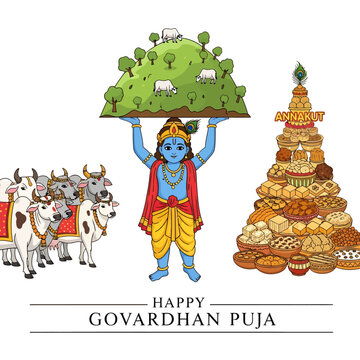 Happy Govardhan Puja Celebration with Krishna Lifting the Hill Illustration