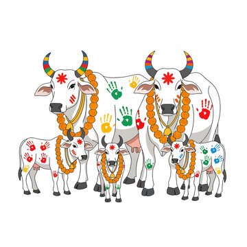 Holy White Cows with Colorful Handprints for Hindu Festival Govardhan Puja