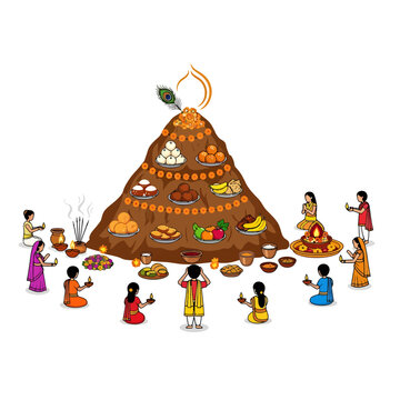 Indian devotees praying during Govardhan Puja with a food hill offering