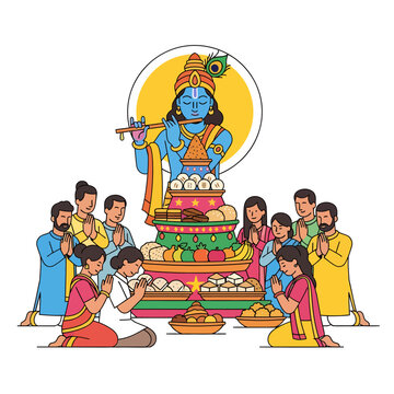 Devotees Celebrating Govardhan Puja with Food Offerings to Lord Krishna