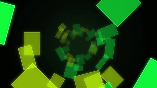 Glowing neon green squares flying into a futuristic geometric spiral tunnel against a dark black background created as a seamless motion graphic animation loop for dynamic visual backdrops