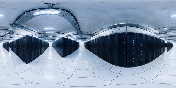 360 degree equirectangular panorama of a data center server room with rows of racks