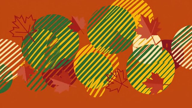 Animated autumn leaves and striped circles on orange background