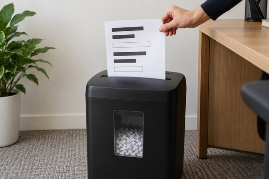 Hand feeding a redacted document into a paper shredder