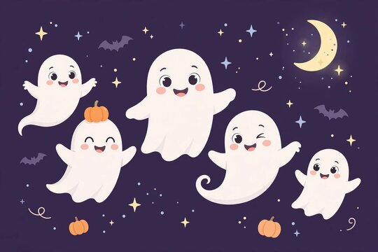 Cute friendly ghost characters floating on a dark purple night sky illustration