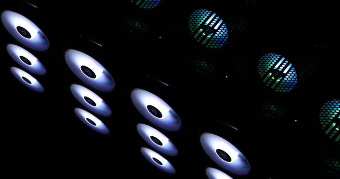 AI data center with rows of illuminated cooling fans, symmetrical server infrastructure. Concept of artificial intelligence, GPU computing and advanced technology