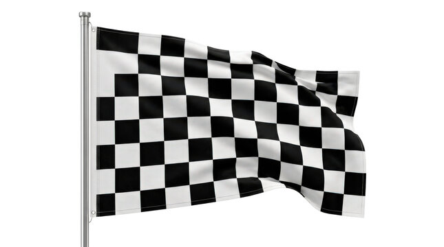 Black and white checkered racing flag, single fabric flag attached to a slim plain flagpole, crisp alternating squares and realistic textile folds. Photorealistic studio product photo, three-quarter
