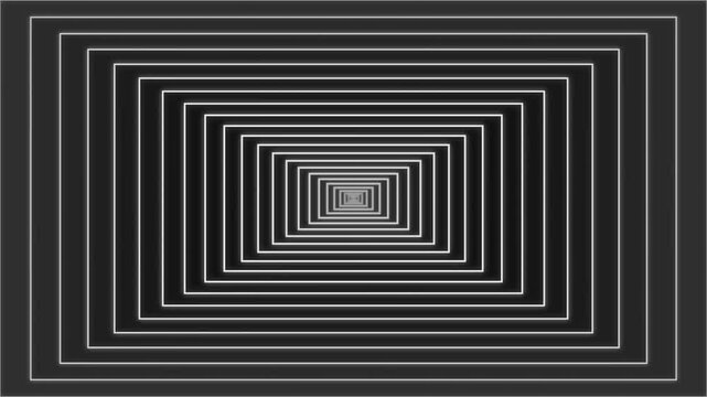 monochrome neon rectangle optical tunnel motion graphics loop background endless glowing geometric frame portal animation dark futuristic architecture infinite zoom line virtual backdrop pattern