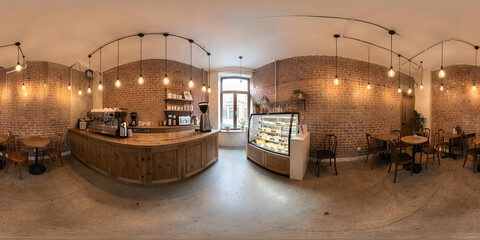 360 degree equirectangular panorama of a cozy empty coffee shop interior with brick walls © David