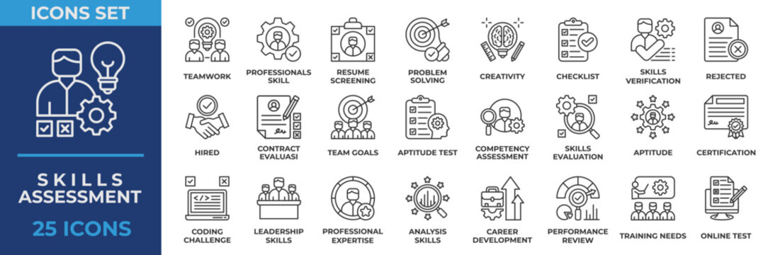 Skills Assessment Icon Collection Set. Containing icon business, skill, assessment, team, professional, creativity, evaluation, contract, growth, success, professional. Outline Vector Illustration.