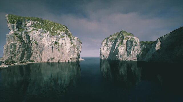 minimalist cliffs mirrored in still ocean, soft horizon and subdued palette convey contemplative calm wellness retreat concept with mindful silence, digital