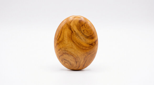 Coconut Wood Pendant, Wooden egg shaped object with natural grain patterns displayed upright against a clean solid white background.