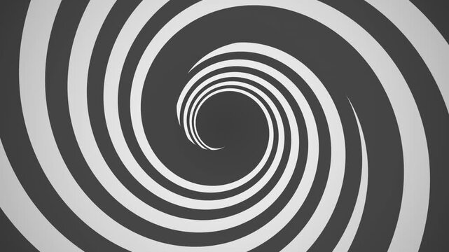 Seamless looping hypnotic spiral motion graphics animation with black and white optical illusion swirling vortex line pattern background for psychedelic visual effects and mesmerizing video design