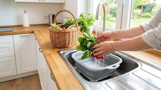 Person washing fresh radishes and vegetables in a kitchen sink. eco kitchen tips