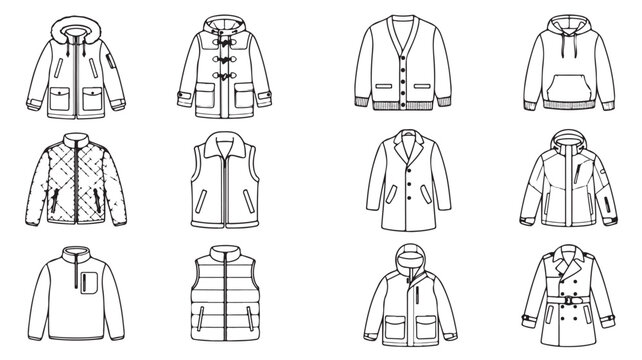 Jackets and Coats Line Icon Set Hooded Parka Toggle Duffle Cardigan Pullover Hoodie Quilted Gilet Blazer Fleece Puffer Vest Trench