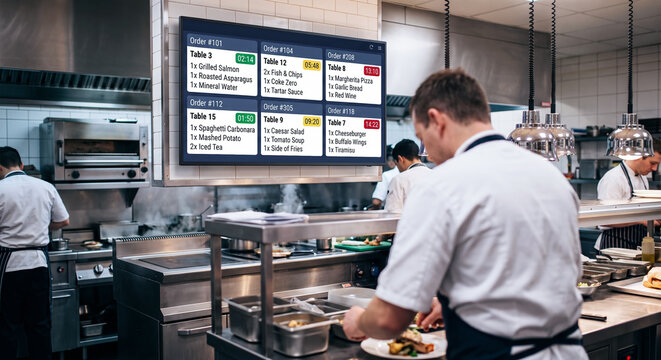 Digital kitchen display system showing orders above chefs working in a busy commercial restaurant.