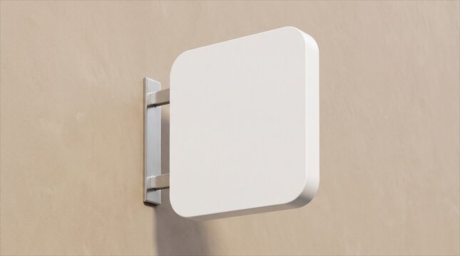Blank white square wall mounted signage mockup on beige plaster wall - ideal for store branding, cafe logo presentation, and outdoor advertising visual display