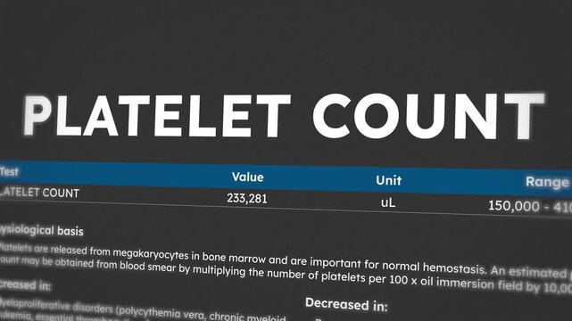 Platelet count test report on black background. CBC test, red and white blood cells, hemoglobin ratio. medical test report. 4k footage 