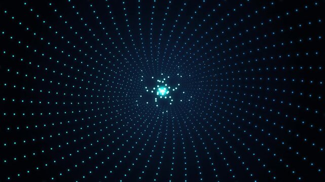Futuristic glowing cyan digital particle tunnel looping seamlessly on dark background featuring bright blue central light source with radial dotted starburst network for high tech cyber video