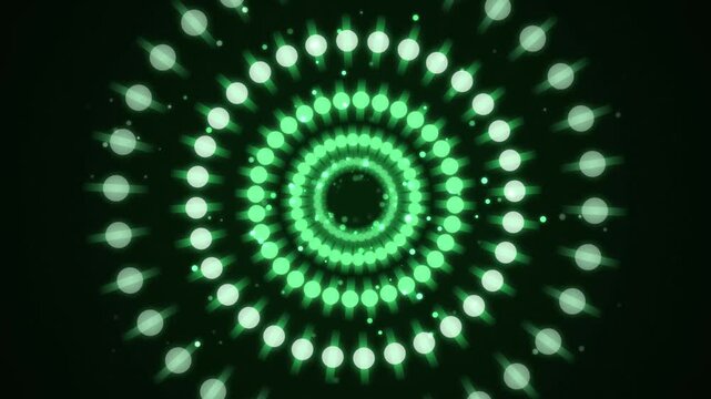Futuristic green neon light tunnel animation featuring concentric glowing circle rings pulsating in a seamless motion graphics background for dj stage projection screen visual loop overlay design