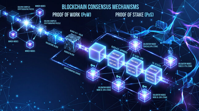 Blockchain consensus mechanism concept featuring multiple glowing network nodes validating connected data blocks simultaneously, proof of stake, proof of work, decentralized consensus, distributed c
