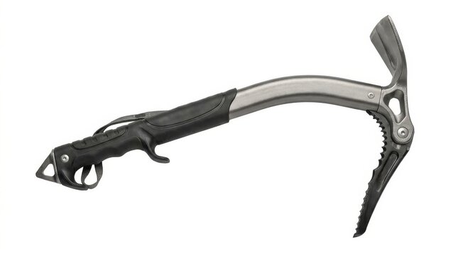 Technical modern ice axe for mountaineering and ice climbing isolated on a white background