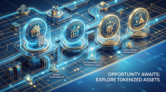 Tokenization concept glowing digital tokens representing real estate, financial assets, art and commodities, asset tokenization, blockchain technology, fractional ownership, digital securities, toke