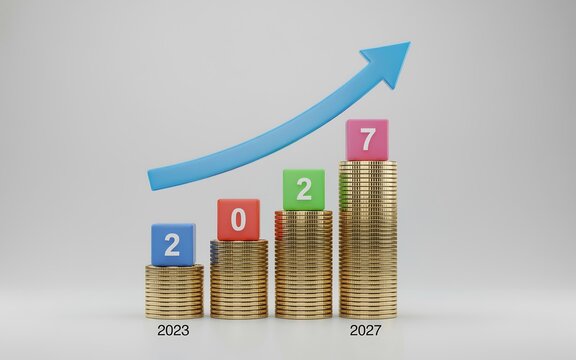 Financial growth chart with gold coin stacks and rising arrow showing