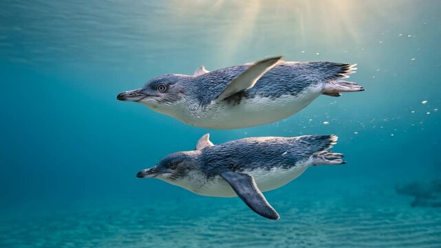 two little penguins underwater close up at morning light in philip island australia
