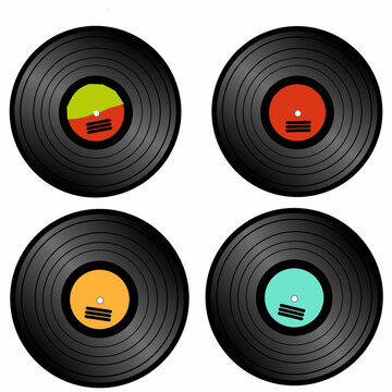 Vintage vinyl record disc with colorful blank center label, vector illustration isolated on white background.