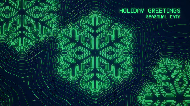 A digital graphic of glowing green snowflakes with data lines and numbers on a dark background, ideal for futuristic winter holiday cards and tech designs
