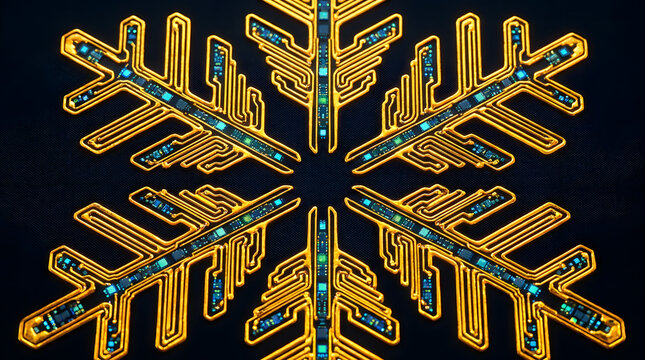 A futuristic golden snowflake crafted from intricate circuit board patterns with glowing blue electronic components, perfect for tech-themed holiday designs