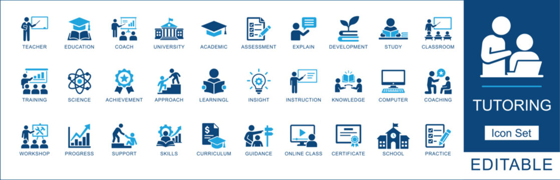Tutoring icon set featuring education, online class, teacher, coaching, learning, classroom instruction, guidance, and academic skill icons.