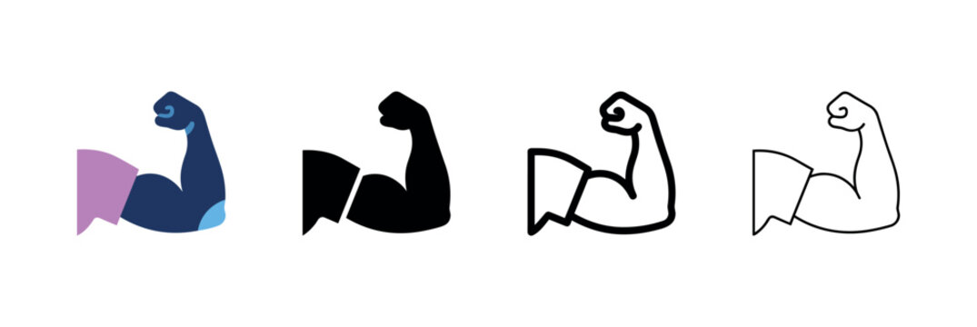 Biceps flexing muscle icon set representing strength, fitness, bodybuilding, and power