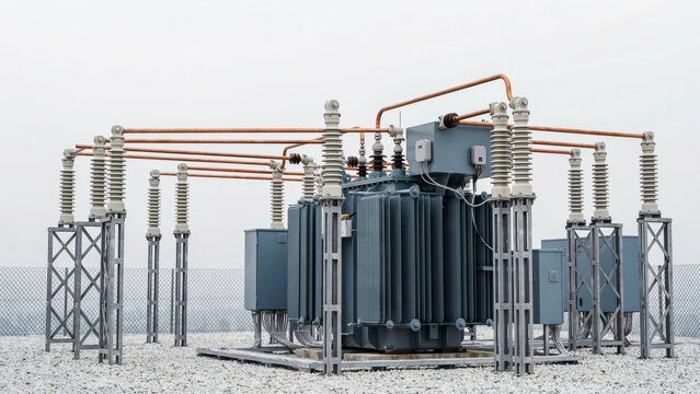 A high-level description a photograph of a high voltage electric transformer substation with copper busbars and insulators