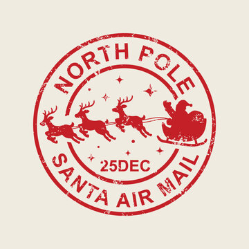 Red North Pole Santa air mail postmark rubber stamp vector illustration with reindeer and sleigh