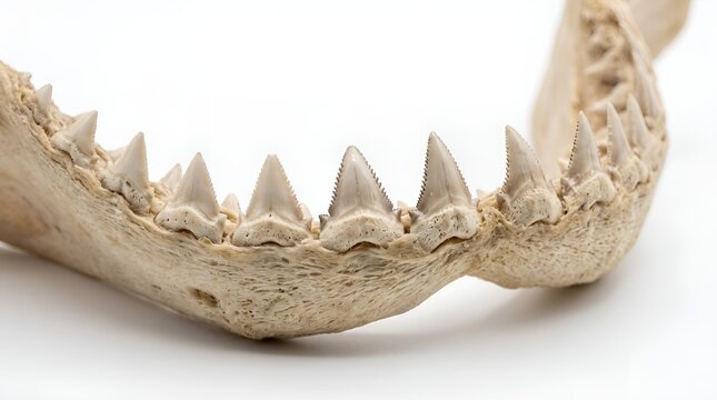Close up of a shark jawbone with sharp teeth isolated on white.