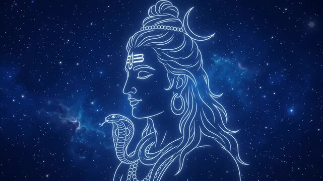 Lord Shiva line illustration glows with ethereal white lighting against a deep indigo cosmic backdrop filled with shimmering stars and soft nebulas.