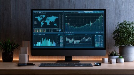 Fototapeta premium Modern desktop setup with large monitor displaying global data analytics and financial graphs on wooden desk with green plants and technology accessories