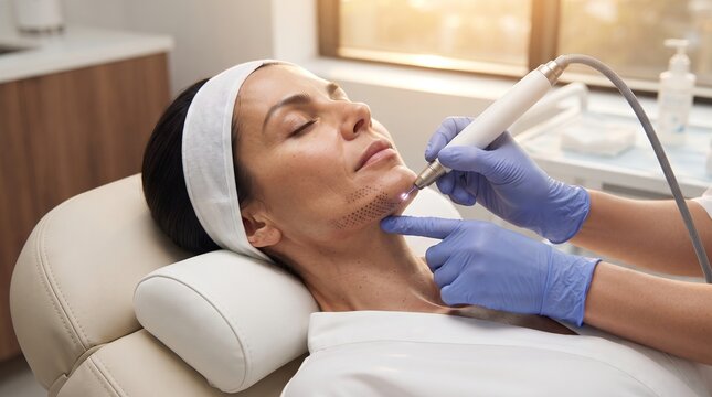 Mature woman undergoing plasma pen fibroblasting treatment on chin and jawline for non surgical skin tightening.
