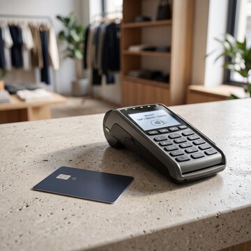 POS terminal with credit card on stone counter, contactless payment machine in modern clothing store, electronic transaction device for retail