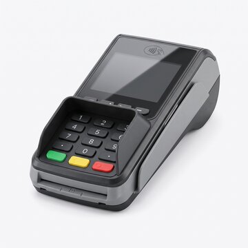 Modern credit card terminal for secure retail transactions, portable POS machine with numeric keypad, electronic payment reader on white